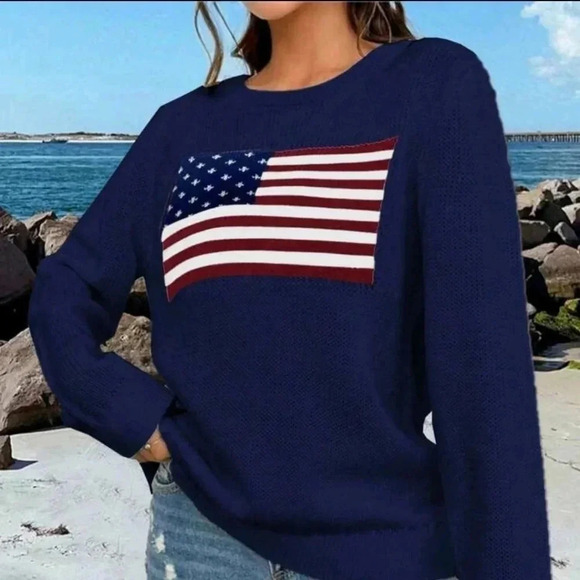 Flag Pattern Drop Shoulder Long Sleeve Sweater - Picture 2 of 5